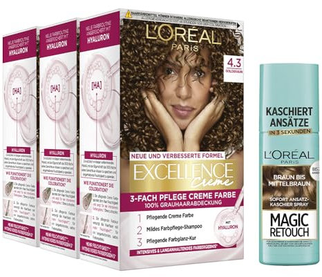 L'Oréal Paris Haarfärbe- und Ansatz-Kaschierset, 3x Permanente Haarfarbe Excellence Creme, Nr. 4.3 Goldbraun und 1x Ansatz-Kaschierspray Magic Retouch, Braun-Mittelbraun, [Amazon Exclusive Set], 4-tlg
