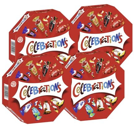 CELEBRATIONS Geschenkbox 4x 269g Geburtstag Weihnachten Keks mit Milchschokolade Mars Snickers Twix Bounty Milky Way Galaxy Caramel Maltesers Teasers