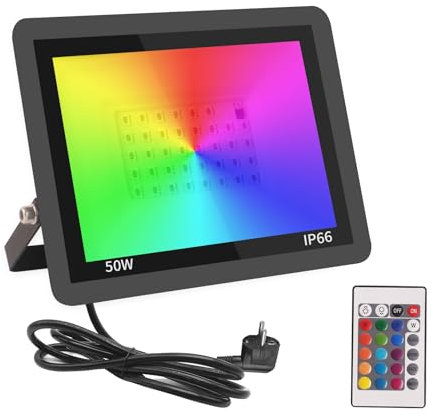 Fosingut RGB Projecteur LED Extérieur 50W,Spot LED Couleur avec Télécommande,16 Couleurs 4 Modes Dimmable Éclairage Extérieur Murale,Étanche IP66 Luminaire Jardin pour Cour,Terrasse,Noël,Fêtes DJ