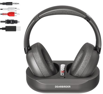 Cuffie TV Senza Fili con Doppia Modalità 2.4G RF e Bluetooth 5.3, Cuffie Senza Fili Over-Ear per Guardare la TV con Base Trasmettitore, Nessun Ritardo Audio, Potenziamento del Volume per Anziani, Nero
