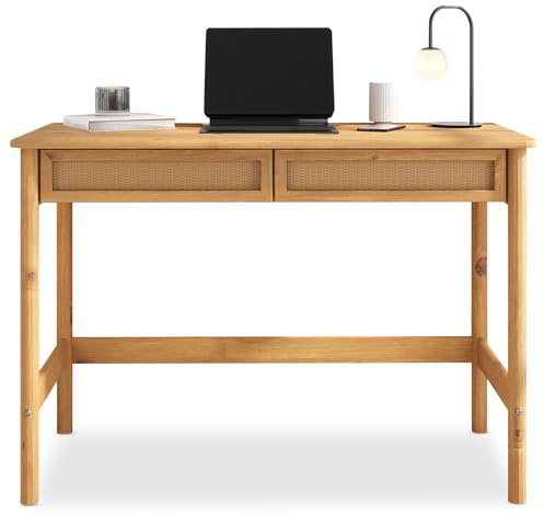 IDIMEX Schreibtisch Rodrigo 110cm breit, Eiche Farben - Bürotisch aus Massivholz mit 2 geräumigen Schubladen in Rattan Optik - Computertisch mit Stauraum, PC Tisch, Laptoptisch, Arbeitstisch