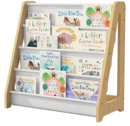NACHES Kinder Bücherregal, Kinderregal mit 4 offenen Stofffächern, 60x30x60cm, aus Holz, Vliesstoff, 4 Ebenen Kinderzimmer Regal(Natur)
