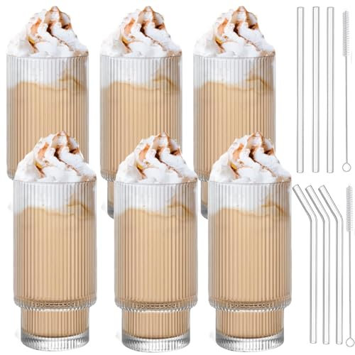 AMILEBERLY Eiskaffee Gläser Geriffelte,6er ästhetische Kaffee Gläser mit Strohhalm Stapelbar,310ML Longdrinkgläer Matcha Latte Set,Fancy Glasbecher Glas für Cocktails,Soda,Smoothie