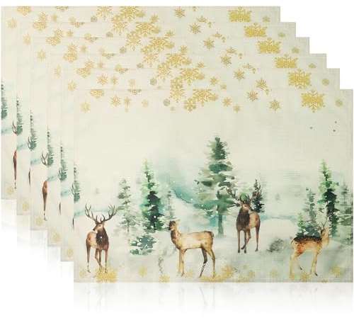 NVGVUP Linen Christmas Placemats Set of 6: Deer Trees Snowflakes Table Mats | Vintage Washable Place Mats for Dinner Table Decoration Kitchen Home(45 x 30cm)