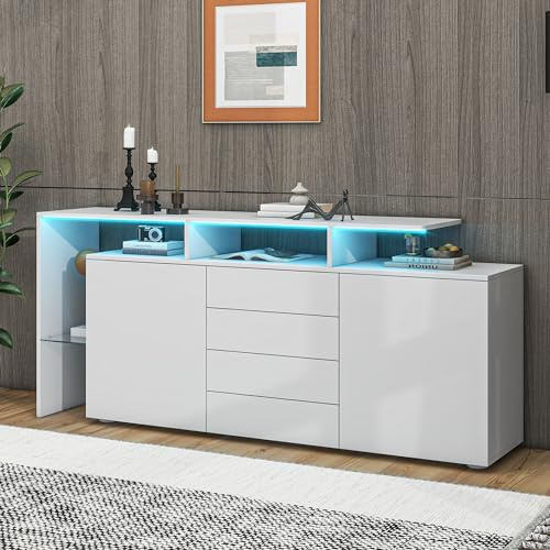 Oslghy Credenza Soggiorno Moderno Lucida, Credenza Cucina Bianca con LED, Mobile Soggiorno Contenitore Buffet Cucina Salvaspazio con 2 Ante e 4 Cassetti, con Divisori in Vetro, Bianco, 160x35x70cm