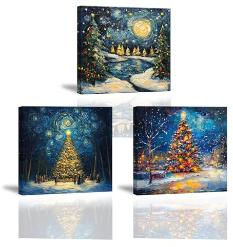 PIY PAINTING 3 Pannelli Alberi Di Natale Quadro Su Tela Stampa, Paesaggio Notturno Quadro Moderno Camera Da Letto, Disegno Su Tela Canvas Soggiorno Corridoio Per Regali Natale 30X30 cm