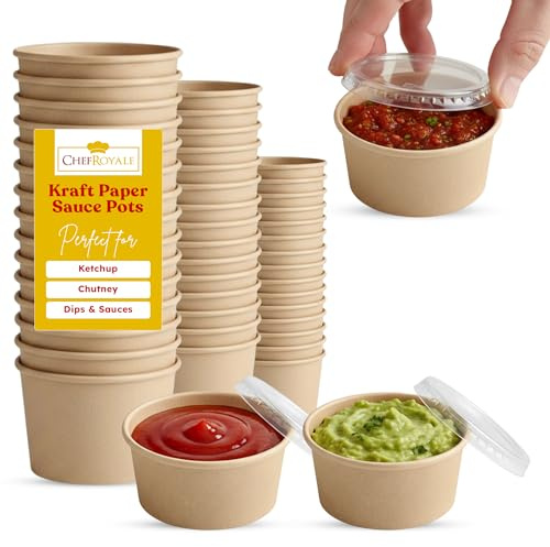 CHEF ROYALE 50x 4oz Sauce Pots with Lids - Kraft Small Pots Round Containers with Airtight Lids Ideal for Ketchup, Chutney, Dips and Sauces (120ml) (50, kraft, 4oz)
