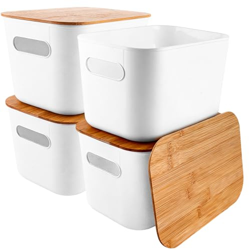LDXDRU 4er-Set Aufbewahrungsbox mit Deckel Weiß, 25x17.6x15CM Aufbewahrungsbox Bad Kunststoff, Aufbewahrungskorb mit Deckel, Stapelbare Kleine Box Schwarz für Küche, Büro, Schrank, Badezimmer