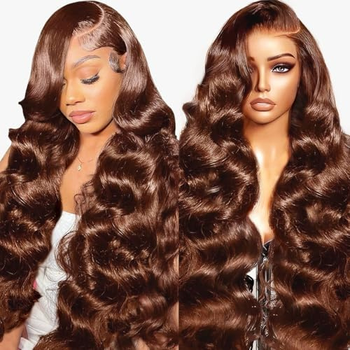 RXY Echthaar Perücke #4 Brown 13x4 Lace Body Wave Wig for Women 16 Zoll | 180% Dichte Perücke Damen, Invisible Lace mit Babyhaar, Long-Lasting Human Hair Wig, Hitzebeständig&Leicht Stylen for Daily