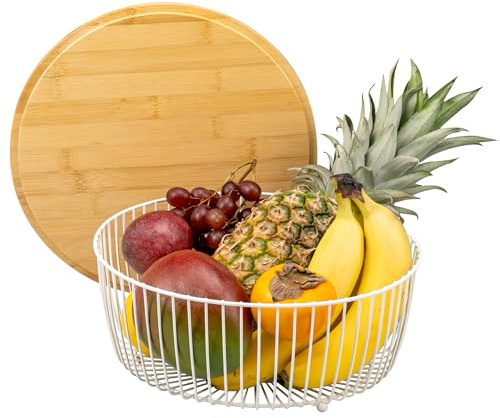 eluno Obstkorb, Brotkorb inkl. Bambusdeckel (auch als Schneidebrett verwendbar) Obstschale ideal geeignet für die übersichtliche Aufbewahrung von Obst, Gemüse, Brot und Snacks, aus Metall (weiß)