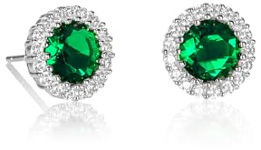 Diamond Treats Smaragdgrüne Ohrringe aus 925 Silber, runde Ohrstecker mit grünen Zirkonia-Steinen, massive Silber grüne Ohrringe für Damen, 925 Silber Ohrstecker für Frauen in Grün