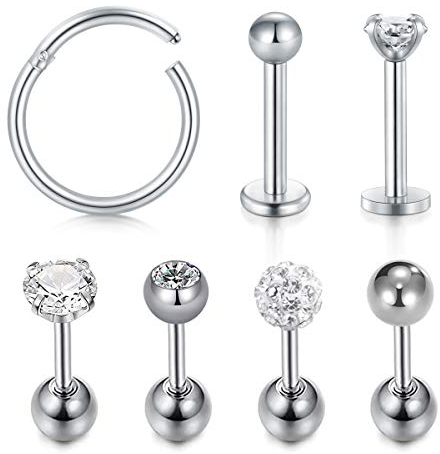 AVYRING 16G Helix Chirurgenstahl Tragus Cartilage Rook Stud Ohr Nase Lippe Ringe Septum 7 Stück - Silber