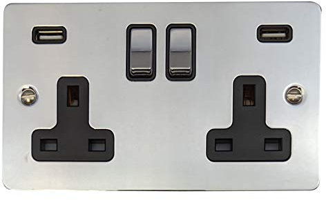 G&H FC3910 Flat Plate Polished Chrome 2 Gang Double 13A Switched Plug Socket 2.1A USB