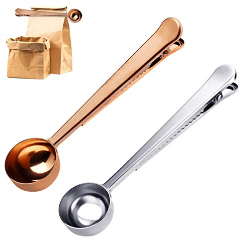2PCS Coffee Scoop with Bag Clip, Stainless Steel Coffee Measuring Spoon Ground Coffee Sealer for cafetiere Ground Coffee and Beans(Silver+Rose Gold)