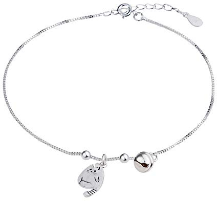 Beydodo Fußschmuck Fußketten Echt Silber 925 mit Anhänger Katze Glocken Damen Fußkette Strand Kette Silber