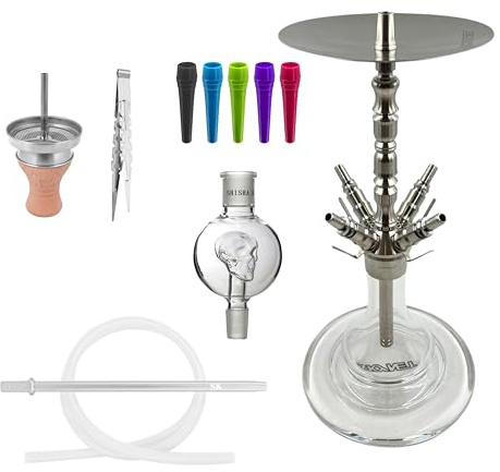 Skynet® Galaxie -S- High End Shisha Set Hookah 64 cm Edelstahl + Zubehör | 4 Schlauch Wasserpfeife Komplett Molassefänger 100 x Hygienemundstück Silikonschlauch Kopf Mundstück |