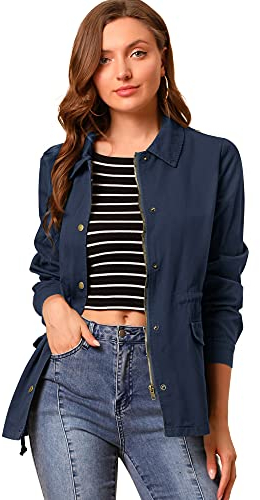 Allegra K Damen-Safari-Jacke mit Kordelzug an der Taille, Pattentaschen, Marineblau, L