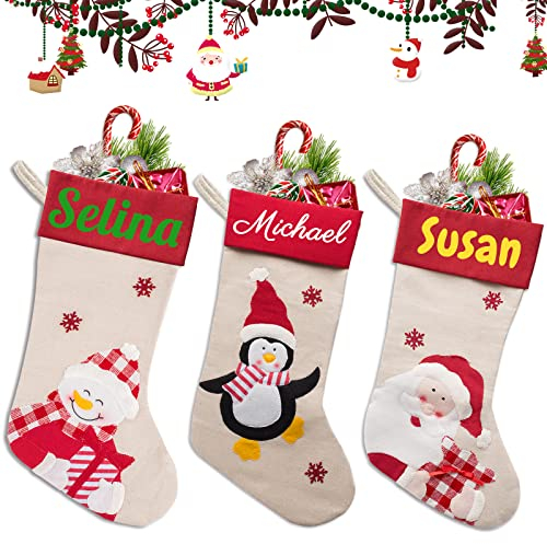 BYWEXCLESD Weihnachtsstrumpf Kamin Personalisiert mit Namen Personalisierte Christbaumschmuck Familie Kinder Junge Mädchen, 3er Set, Weihnachtsmann+schneemann+pinguin