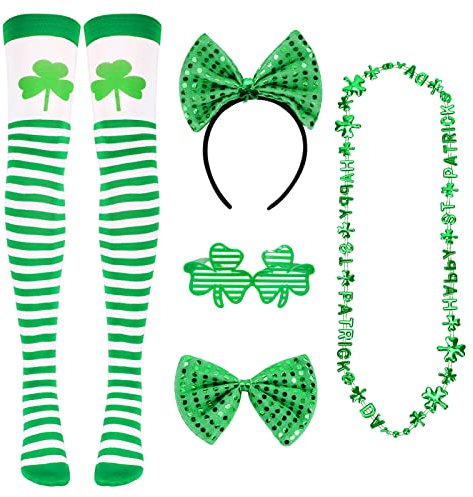 Qpout 5 Stück St.Patrick's Day Accessoires, Irisches St. Patrick's Day Stirnband, Fliege, Fliege, Kleeblatt-Socke, Halskette, Brillengestell, St. Patrick's Day Partyzubehör Paraden Cosplay-Kostüm