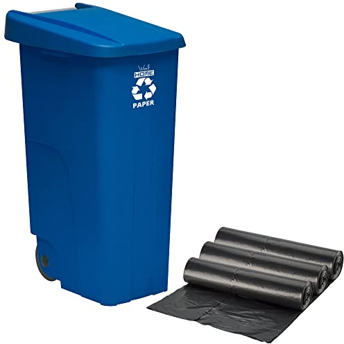 Contenedor Wellhome Reciclo 110 litros, cerrado con tapa, ideal para reciclaje de papel y cartón, con ruedas + 3X Bolsas de basura de 10 unidades