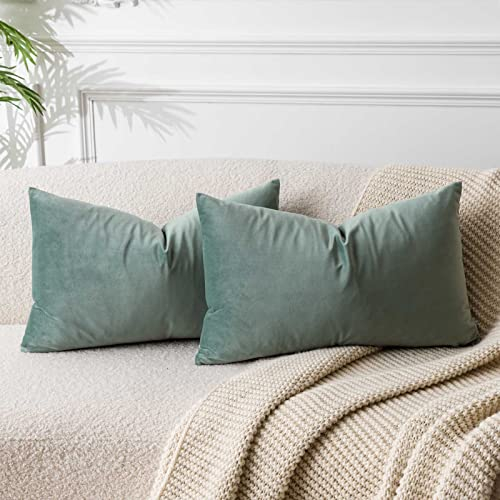 JUSPURBET Salbei Lendenkissen Samt-Kissenbezüge 40cmx60cm 2er-Set für Wohnzimmer Couch Sofa Schlafzimmer Dekorative Rechteckig Feste Weiche Kissenhüllen mit unsichtbarem Reißverschluss