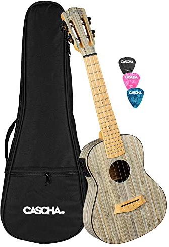 CASCHA E-Bamboo Graphit Concert Ukulele Erwachsene&Kinder-inkl. 3 Plektren&Tasche-Bambus-Ukulele als Bühnenbegleiter-Carbon-Saiten-integriertes Stimmgerät&3-Band-Equalizer, Bambus grau, HH 2316E