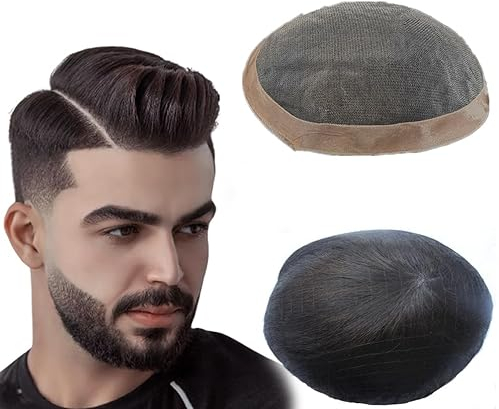 N.L.W. Toupet für Männer, NLW Feines Mono Center mit Poly Around Hair Replacement System natürliches Stück Haar Echthaarperücken 10x8'' (#1B 10*8)