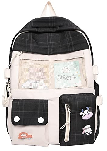 PORRASSO Mädchen Schulrucksack Schultasche Schüler Rucksäcke Teenager Nylon Plaid Backpack Damen Schulranzen Rucksack für Schule Reise Schwarz