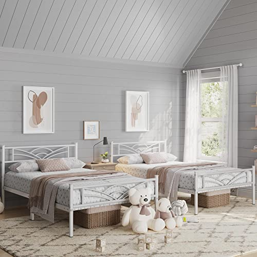 Yaheetech 2er-Set Metallbett Bettrahmen Bettgestell mit Lattenrost Einzelbett Singlebett Gästebett 90 x 190 cm/Weiß