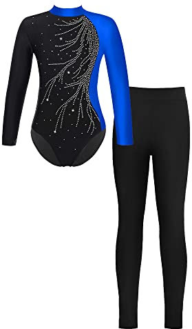 TiaoBug Mädchen Langarm Turnanzug Gymnastikanzug mit Sport Hose Lang 2 Teillig Ballett Anzug Tanz Trikot Ganzkörper Eislaufen Leotard Blau Schwarz B 122-128