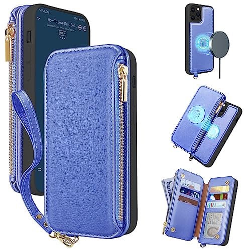 CIVICASE for iPhone 12 Pro Max Zipper Case,2 in 1 Wallet Case Magnetic Detachable,RFID Card Protection,6 Card Slots Zipper Pocket Handbag,Wireless Charging Compatible Magsafe - Ocean Blue
