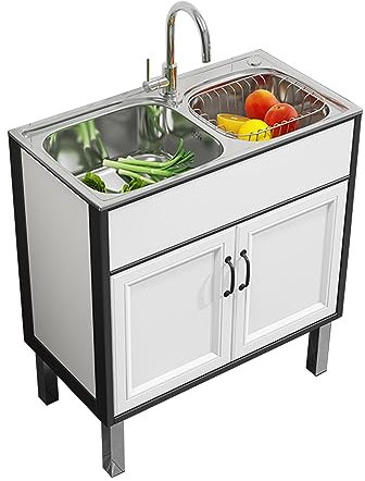 Meuble sous evier Salle de Bain,evier INOX Professionnel,evier Cuisine 2 bac,evier Exterieur de Jardin avec Robinet et Tuyau,Multifonctionnel Meuble sous Vasque,pour Salle De Bain, Bar, Restaurant (C