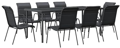 Tidyard 9-TLG. Garten Essgruppe 8 Personen, Sitzgruppe Outdoor, Esstisch mit Glas-Tischplatte & Stühle, Terrassenmöbel Essgruppe, Gartenmöbel Set Stahl und Textilene, Schwarz