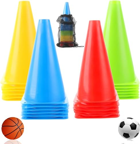 AKOLAFE 24 Stück Pylonen mit 4 Farben 23 x 13,5 cm Hütchen Fussball Training mit Tragetasche Trainingskegel Hilfs Markierkegel Fußbalverschiedene für Innen oder Outdoor, Sport, Spiele