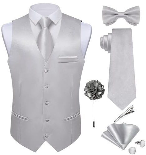 DiBanGu Herren Satin-Anzugweste und Krawatte, 8-teilig, solide Weste und Fliege mit Anstecknadel für Smoking, Kleid, Weste, Hochzeit, formelle Anlässe
