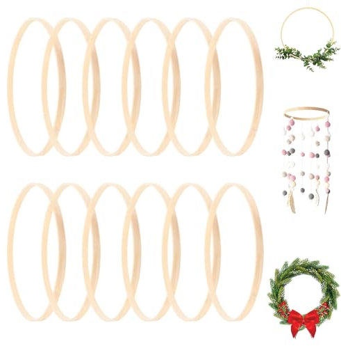ZALHIN Paquete de 12 anillos de madera para manualidades, corona en blanco, accesorios de macramé, anillos decorativos para colgar, aro de bordado, accesorios de manualidades de atrapasueños
