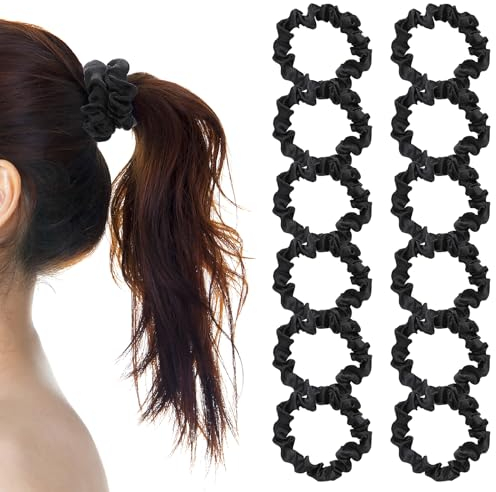 12 Stück Seiden Haargummi Scrunchie Schwarze Haargummis Elastische Stirnbänder Kleine Satin Pferdeschwanz Scrunchies Damen Haar Accessoires Weiche Haarseile für Dünnes und Dickes Haar