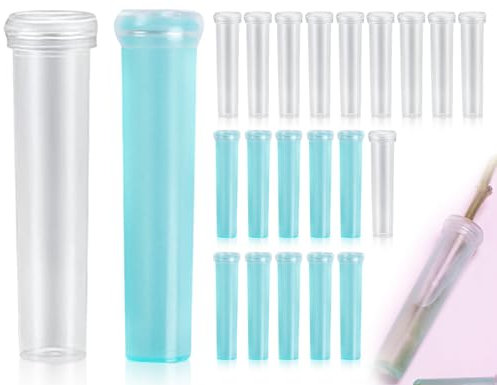 Lhbwhiz 20 Stück Blumenröhrchen, Wiederverwendbare Plastik Blumen Wasserröhrchen mit Kappen, Transparent 7 * 1.5cm Reagenzgläser für Blumengeschäfte(Blau und weiß)