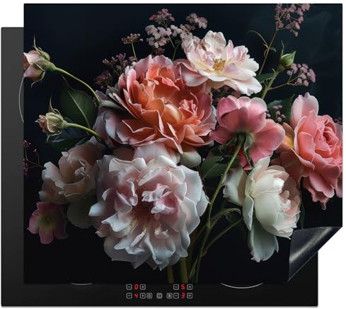 KitchenYeah© Protection Pour Plaque Induction 60x52 cm Deco Cuisine Protégé Cache De Cuisson Vitroceramique Fleurs - Roses - Blanc - Rose - Botanique - Plantes
