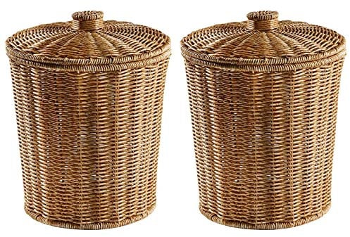 TsoLay 2X Geflochtener Korb Müll Eimer Runder Rattan Abfall Korb mit Deckel Pflanzgefäß Geflochtene Aufbewahrung Körbe Weiden Papier Korb Müll Eimer