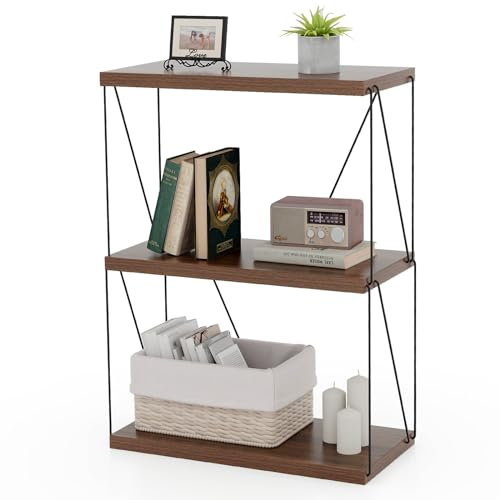 COSTWAY Bibliothèque Étagère à 3 Niveaux, Bibliothèque Cadre en Métal, Étagère de Rangement Style Industriel, pour Salon, Chambre, Bureau, Cuisine, 29,5 x 61 x 82 cm, Noyer