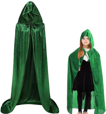 Winwild Capa de Terciopelo Verde Con Capucha Infantil 120 cm para Halloween, Disfraz de Vampiro para Niña y Niño, Carnaval, Cosplay (S, Verde)