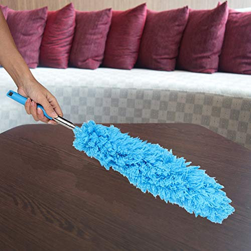 MOUMOUTEN Plumeau Flexible - Nettoyeur De Poussière En Microfibre Plumeau Souple Et Flexible Avec Poteau D'extension En Acier Inoxydable Pour les Endroits élevés(bleu)