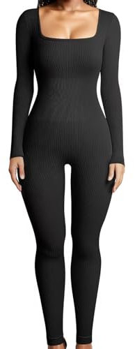 Merlvida Sport Jumpsuits für Damen Eng Langarm Jumpsuit Nahtloser Overall Elastischer Bodysuit Figurformender Einteiler Sexy One Piece Bodycon Outfit für Yoga Fitness Gym