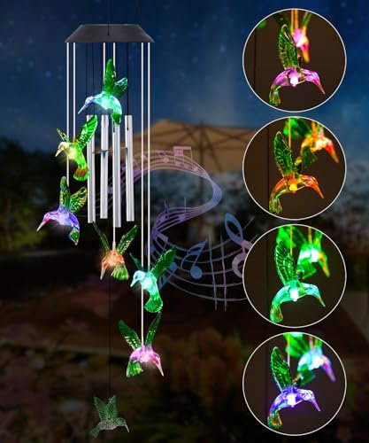 Yeomoo Kolibri Figur Windspiel mit Solar Gartendeko Deko Wohnzimmer: Windspiele Aufhängung Deko Lustige Geschenke für Frauen Mama Männer Geburtstagsgeschenk Dekoration für Terrasse Balkon Flur