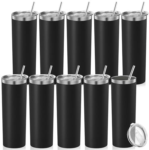 10 Pack 20oz Stainless Steel Skinny Tumbler, Straight Tumblers Bulk with Lid and Straw, Black Insulated Slim Double Wall Tumbler Travel Mug Cups for Sport Gym DIY