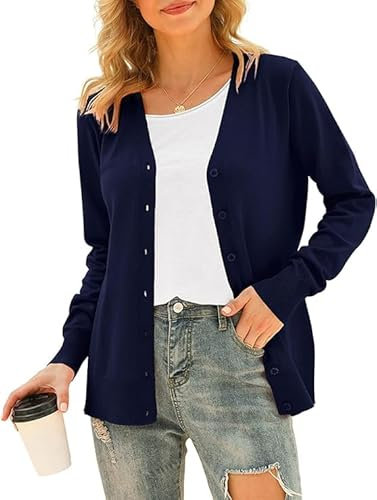 Yommay Cardigan da donna, autunno, inverno, morbido, leggero, a maniche lunghe, casual, con scollo a V, con bottone, A01-blu navy, 3XL Plus