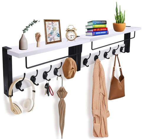BSTHOK Wandgarderobe mit Ablage, 44 cm, Metallhaken, rustikales Holz, für Badezimmer, Schlafzimmer, Wohnzimmer (Weiß, 2er-Pack)