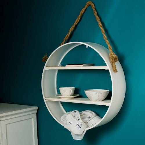 LEBENSwohnART Maritimes Wandregal Muro 60cm Weiss Metall Holz Hanfseil rund Regal