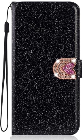 BLOTECH Case for iPhone 12 Mini Glitter Wallet Case, Mobile Phone Case, PU Leather, Mobile Phone Case Bumper 3 Card Slots, Stand Function, Wallet, Carrying Strap, Protective Flip Wallet Case,Schwarz